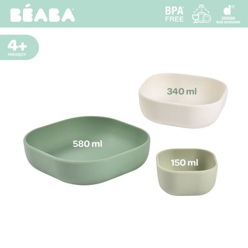Beaba, Zestaw 3 miseczek z silikonu  Sage green, Cotton, Misty green