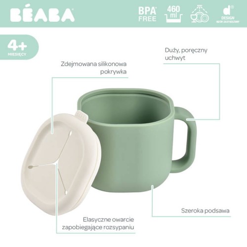 Beaba,  Silikonowy kubek niewysypek na przekąski Pick 'n' Snack sage green