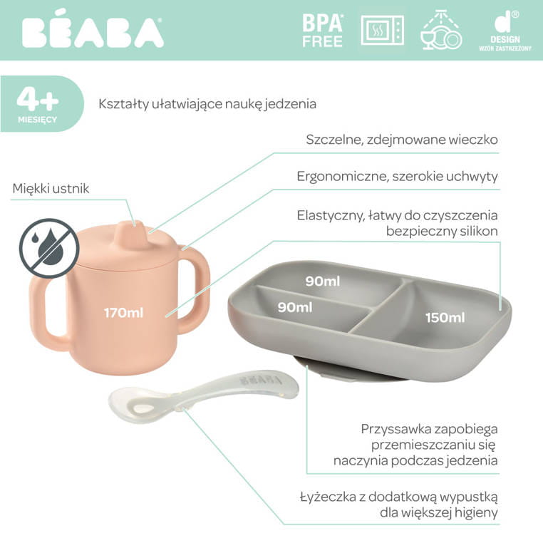 Beaba Komplet naczyń silikonowy z przyssawką Różowy