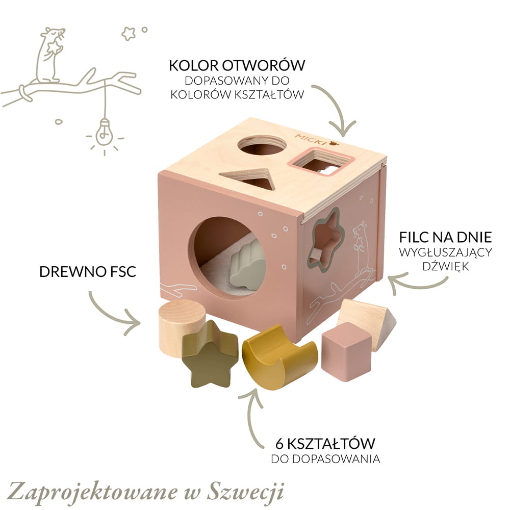Drewniany sorter kształtów różowy, zabawka edukacyjna dla dzieci, Micki