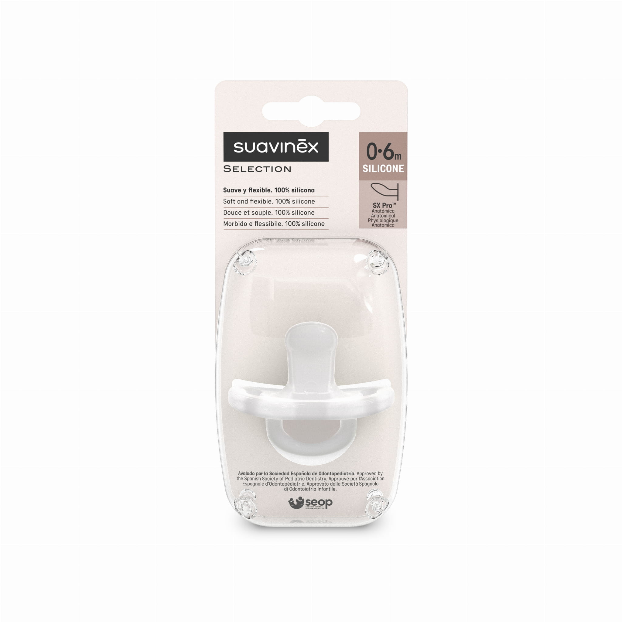 Suavinex, Smoczek 100 % silikonowy anatomiczny SX Pro  0-6m transparentny
