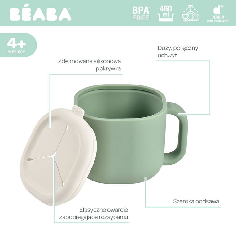 Beaba,  Silikonowy kubek niewysypek na przekąski Pick 'n' Snack sage green