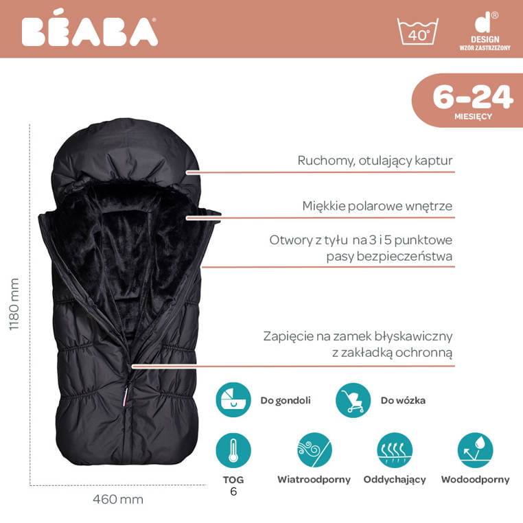 Beaba, Śpiworek zimowy do wózka 6-24m Black