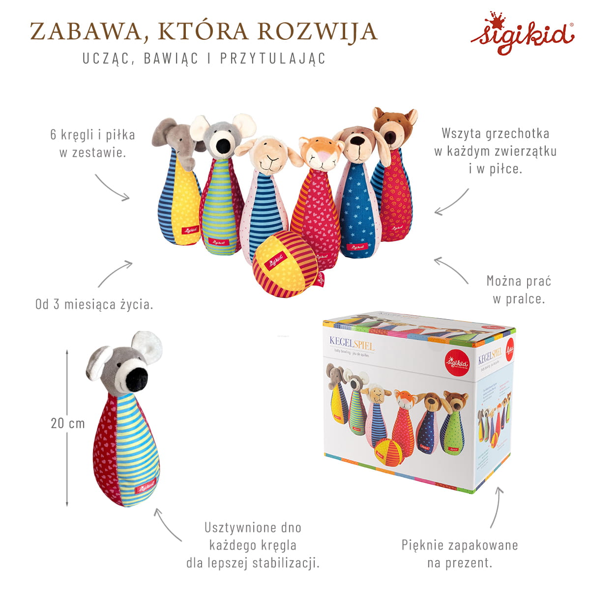 Sigikid Miękkie Kręgle Patchwork 1+ Zabawka Rozwojowa